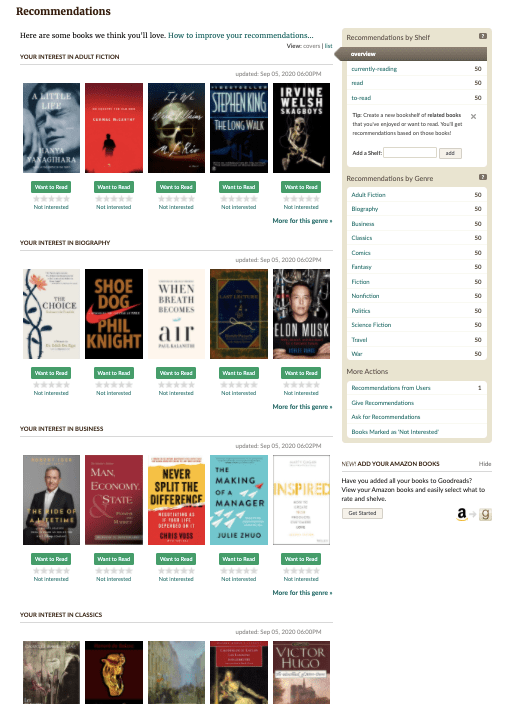 Screenshot of goodreads recommendations page